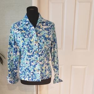 Jean jacket like new bright blue and green vibrant floral pattern.